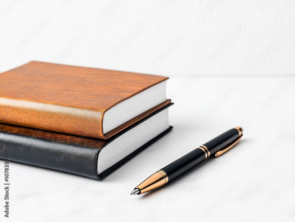 Stylish notebooks and a luxury pen arranged elegantly on a white surface, perfect for inspiration and creativity. Stylish notebooks and a luxury pen arranged elegantly on a white surface, perfect for inspiration and creativity.