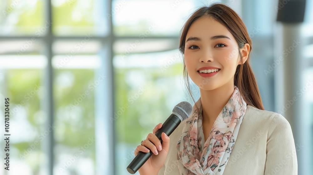 Cheerful east asian female politician speaking at a public event with natural light atmosphere Cheerful east asian female politician speaking at a public event with natural light atmosphere