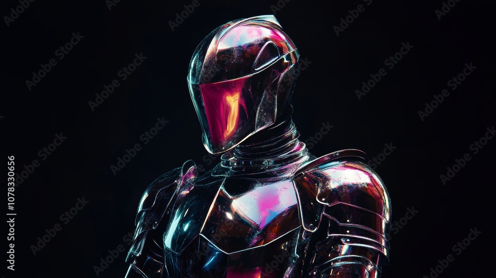 Futuristic knight stands in gleaming chrome armor, their helmet featuring a brightly lit visor against a dark backdrop, creating a striking image of advanced warfare and technological prowess Futuristic knight stands in gleaming chrome armor, their helmet featuring a brightly lit visor against a dark backdrop, creating a striking image of advanced warfare and technological prowess