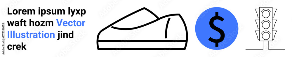 Shoe outline, dollar sign in blue circle, traffic lights, and placeholder text elements. Ideal for e-commerce, fashion, finance, transportation, website mockups, infographics, and presentations Shoe outline, dollar sign in blue circle, traffic lights, and placeholder text elements. Ideal for e-commerce, fashion, finance, transportation, website mockups, infographics, and presentations
