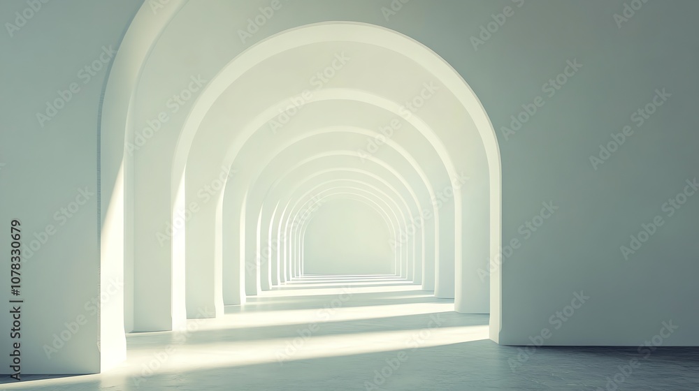 A long, white arched hallway with light shining through the arches. A long, white arched hallway with light shining through the arches.