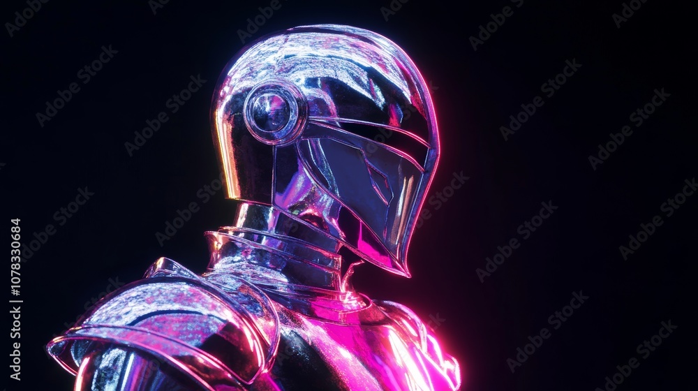 Chrome futuristic knight wearing armor and helmet with neon lights reflecting on its surface, creating a cyberpunk aesthetic against a black background Chrome futuristic knight wearing armor and helmet with neon lights reflecting on its surface, creating a cyberpunk aesthetic against a black background
