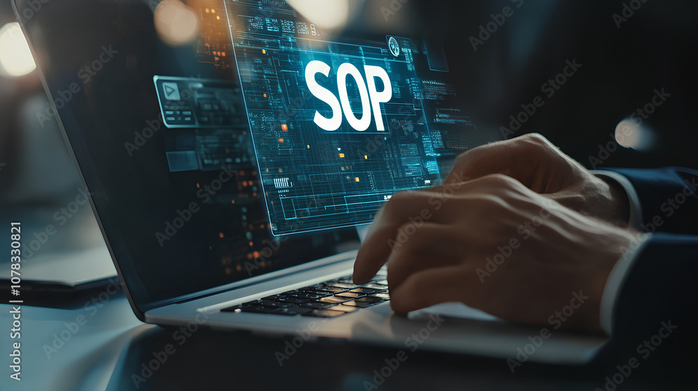 SOP, Standard operating procedure concept. Businessman use laptop with virtual SOP icons for the standard operating procedure with instruction, quality, process, operation, sequence, workflow SOP, Standard operating procedure concept. Businessman use laptop with virtual SOP icons for the standard operating procedure with instruction, quality, process, operation, sequence, workflow