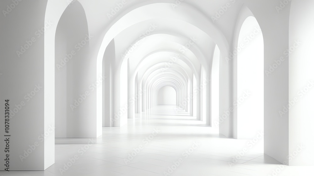 A long, white arched hallway with light shining through the arches. A long, white arched hallway with light shining through the arches.