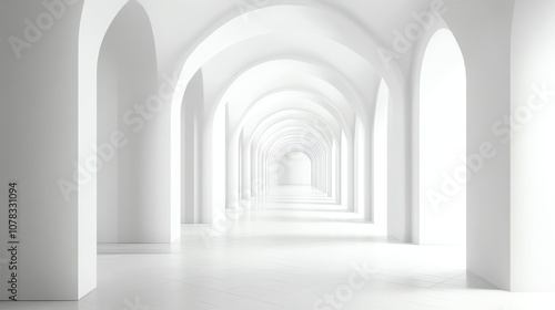 A long  white arched hallway with light shining through the arches.