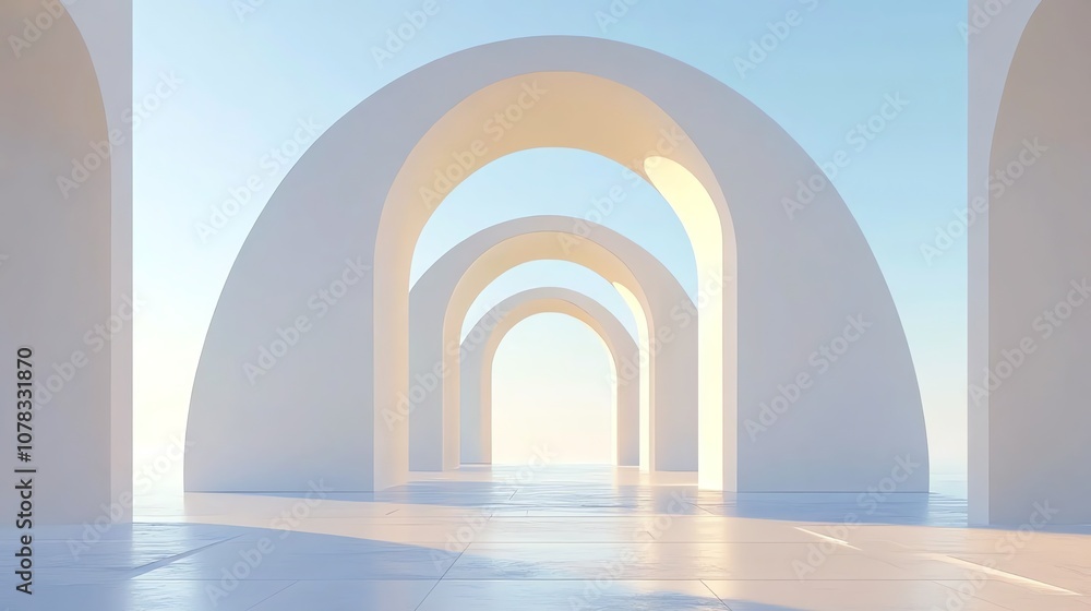 A white hallway with arched doorways. A white hallway with arched doorways.