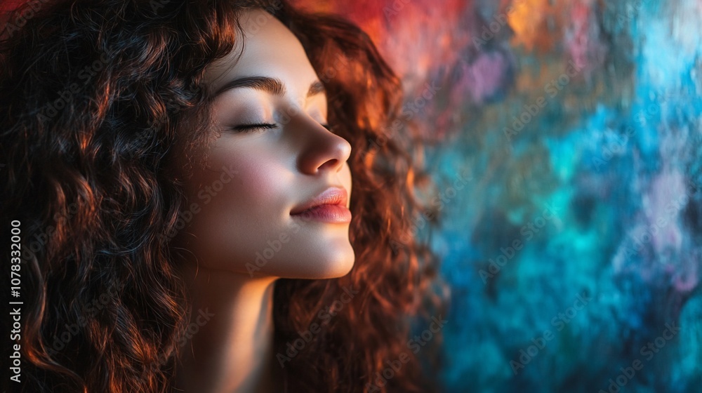 Naklejka premium Beautiful young woman with closed eyes against abstract colourful background.