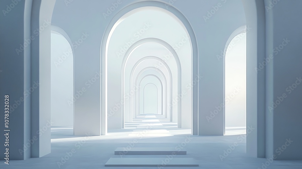 A white hallway with arched doorways. A white hallway with arched doorways.