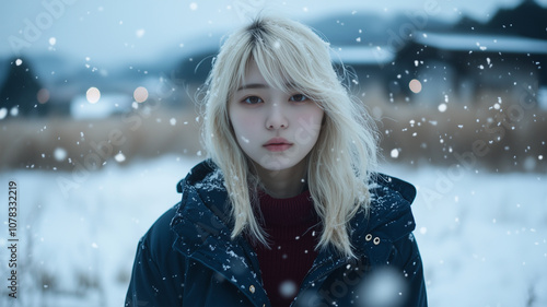 雪の中で冬景色を見つめる日本人女性