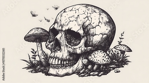 Skull with Mushrooms and Insects Illustration
