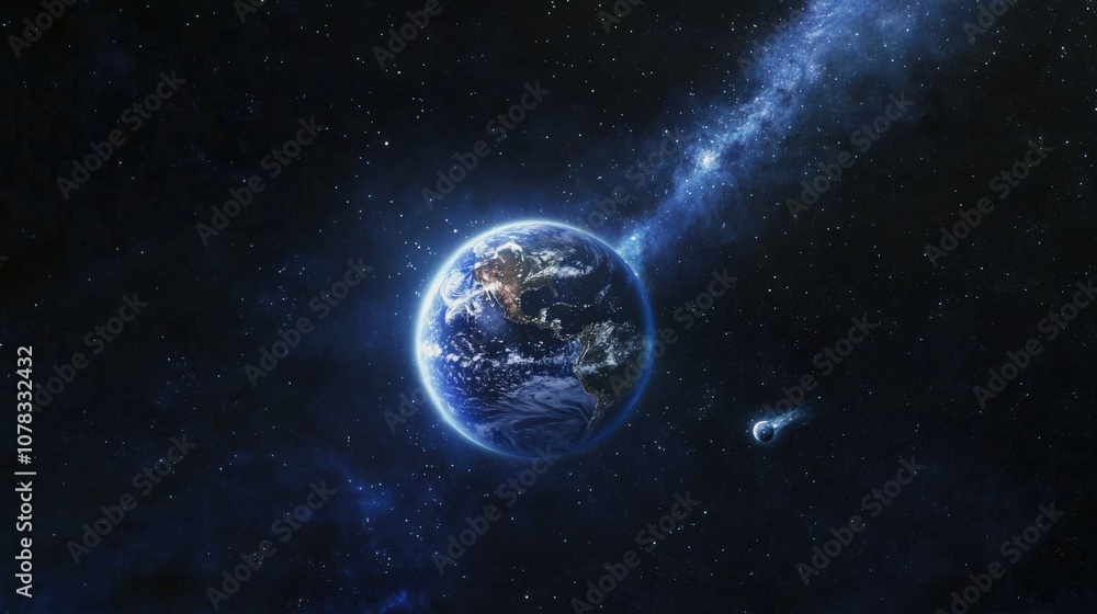 Obraz premium A stunning view reveals Earth in space, highlighting its vibrant colors as it faces an impending collision with a comet, illustrating the wonder of cosmic interactions
