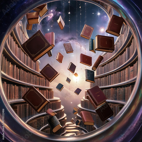 Cosmic Library: Floating Books Representing Infinite Knowledge and Wisdom