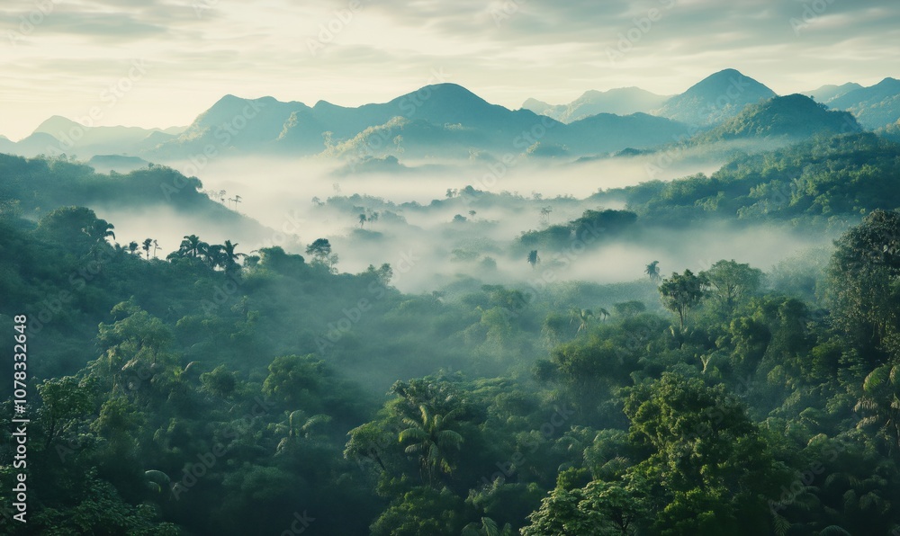 Lush tropical rainforest landscape with misty mountains in background Lush tropical rainforest landscape with misty mountains in background