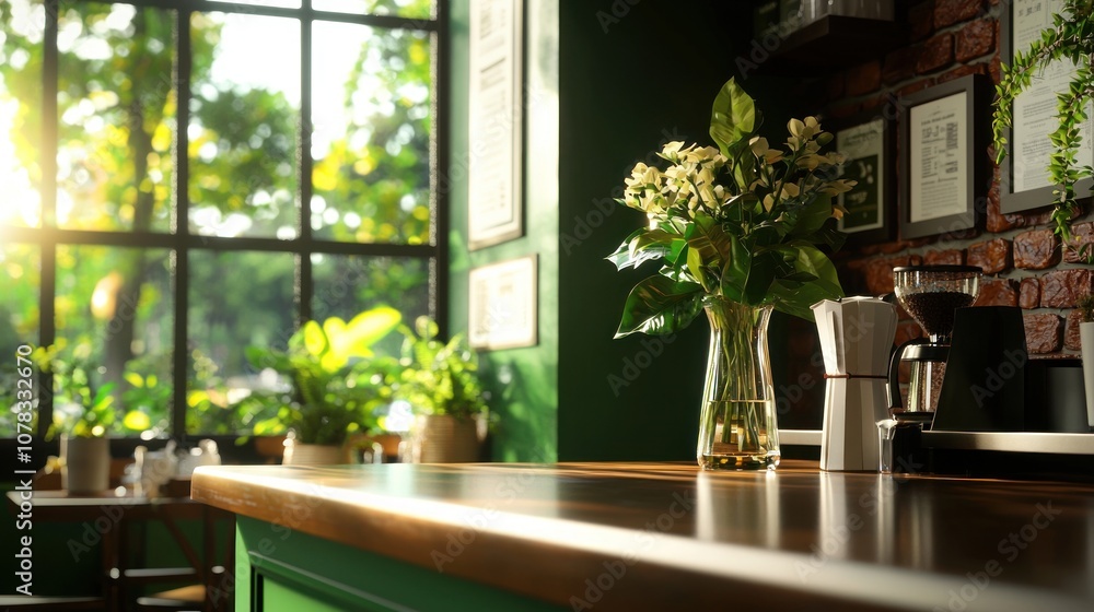 Fototapeta premium A cozy cafe interior with sunlight streaming through green plants and flowers.