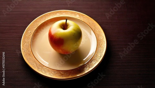 An apple placed on an ornately designed plate on a dark surface, highlighting its simplicity and elegance. photo