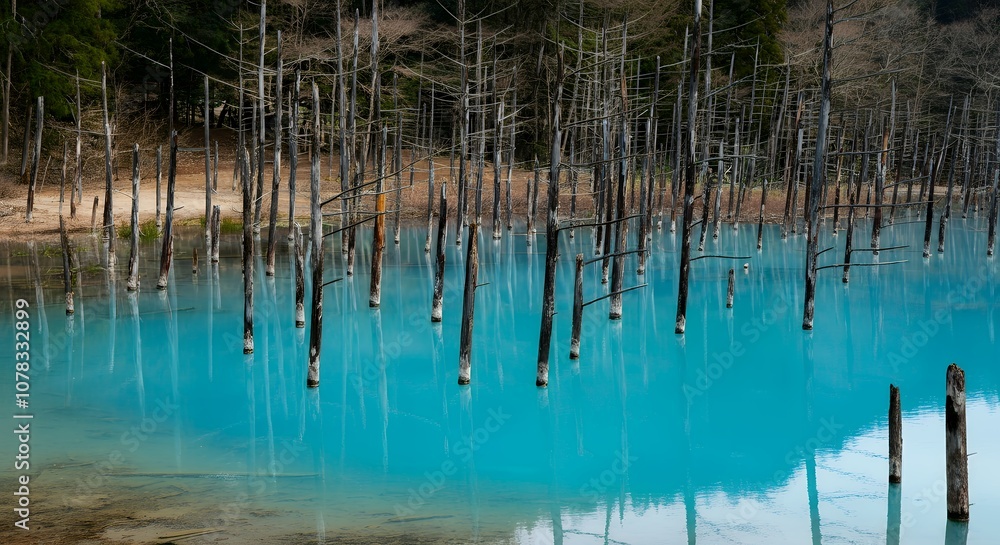 A surreal view of Japan’s famous Blue Pond, with vibrant blue water reflecting bare trees. This natural wonder offers a mystical, breathtaking scene. A surreal view of Japan’s famous Blue Pond, with vibrant blue water reflecting bare trees. This natural wonder offers a mystical, breathtaking scene.