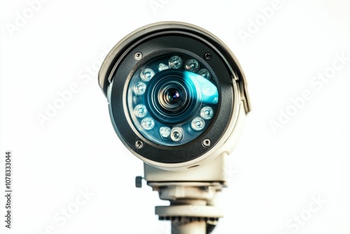 A white security camera with a large lens.