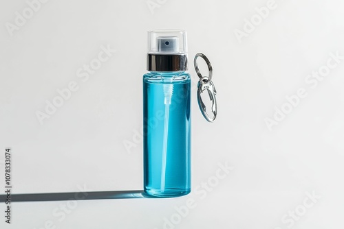 Blue liquid spray bottle with a key chain.