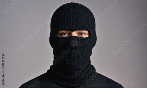 A person wearing a black balaclava stands in front of a gray background photo