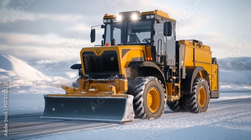 Powerful snow removal truck equipped with a snowplow clearing a snowy mountain road, ensuring safe passage during winter