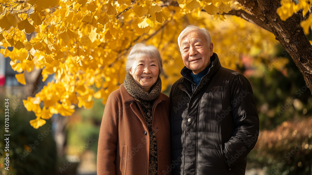 秋の銀杏の木の下で微笑む日本人の高齢夫婦