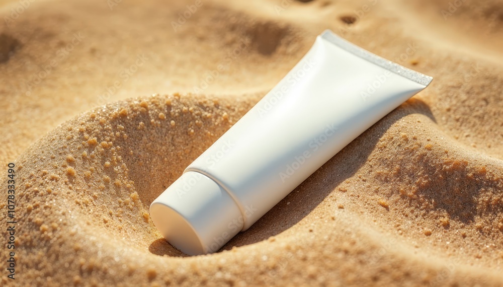 Sun-Kissed Protection: Sunscreen Tube on Beach Sand Sun-Kissed Protection: Sunscreen Tube on Beach Sand