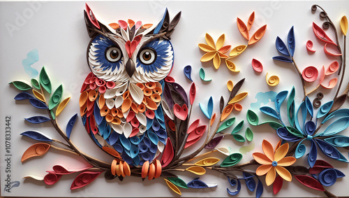 A colorful owl with multicolored paper details, sitting on a branch with flowers. photo