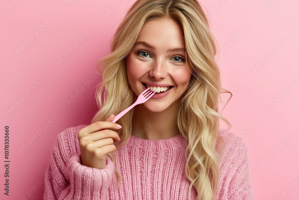 A young blonde woman with a bright smile holding a pink fork against a pink background A young blonde woman with a bright smile holding a pink fork against a pink background