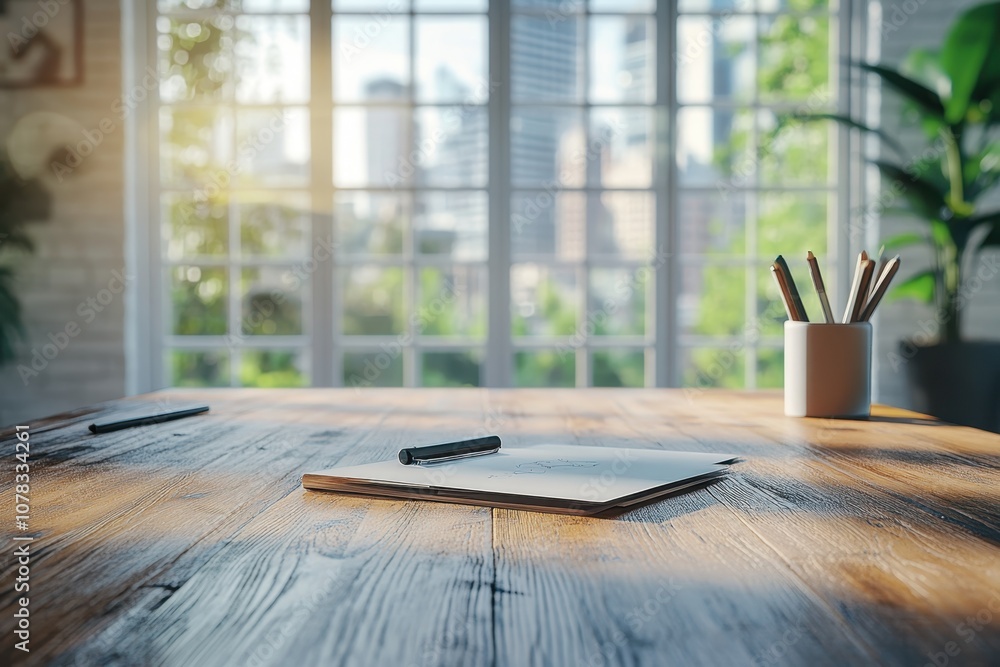 Fototapeta premium A sunny workspace with sketching materials on a wooden table surrounded by greenery