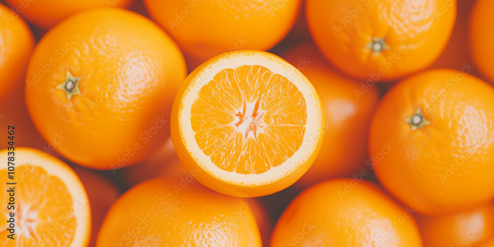 Bright closeup of fresh oranges and a juicy slice, symbolizing health, natural energy, and the vibrant flavors of tropical wellness, healthy breakfast juice banner Bright closeup of fresh oranges and a juicy slice, symbolizing health, natural energy, and the vibrant flavors of tropical wellness, healthy breakfast juice banner