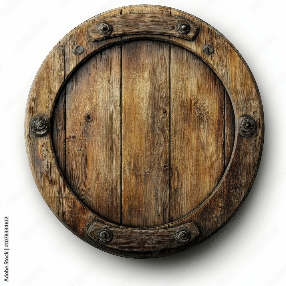 Fototapeta premium Circular wooden shield with metal accents.