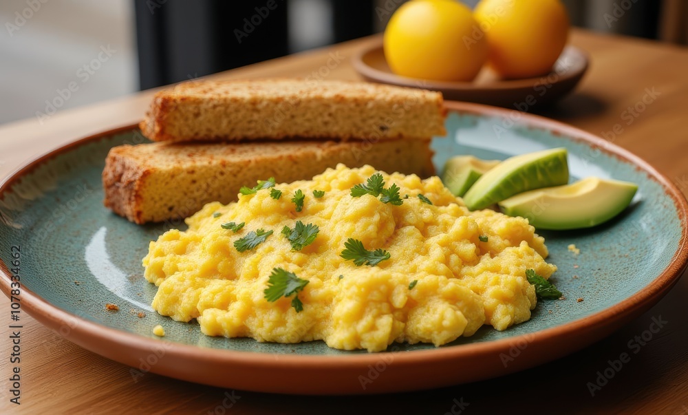 Breakfast plate with scrambled eggs and toast Breakfast plate with scrambled eggs and toast