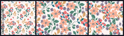 Seamless floral pattern, decorative art ditsy print, abstract ornament of hand drawn wild plants. Botanical design: hand drawn small flowers, large leaves, branches, folk bouquets. Vector illustration