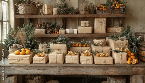 Sustainable Christmas Wrapping Station, gift-wrapping area with eco-friendly materials like recycled paper, twine, and dried orange slices, alongside homemade tags and decorations.