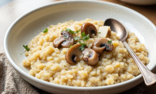 Delicious mushroom risotto in a bowl