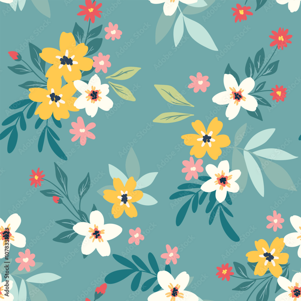 Seamless floral pattern, cute liberty ditsy print, abstract ornament with simple botany. Pretty botanical design: small hand drawn daisy flowers, tiny leaves, bouquets, blue field. Vector illustration Seamless floral pattern, cute liberty ditsy print, abstract ornament with simple botany. Pretty botanical design: small hand drawn daisy flowers, tiny leaves, bouquets, blue field. Vector illustration
