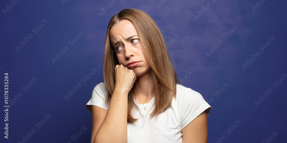 Fototapeta premium feeling sad and stressed, upset because of a bad surprise, with a negative, anxious look