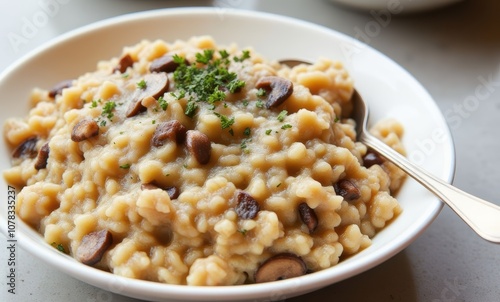 Creamy mushroom risotto in a bowl