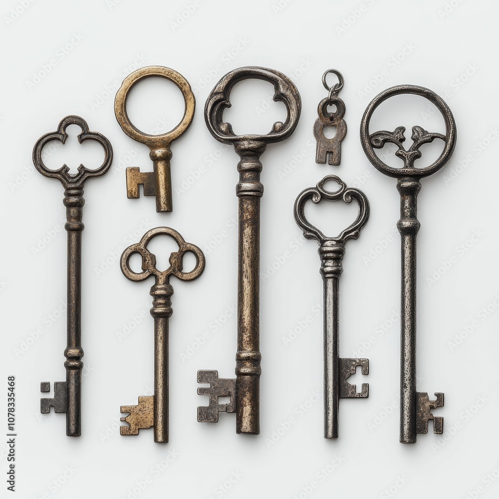 Seven antique keys on white background. Seven antique keys on white background.