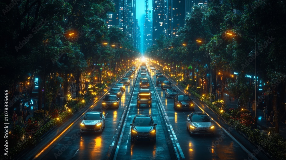 Urban Scene with Green Energy Solutions at Night Urban Scene with Green Energy Solutions at Night
