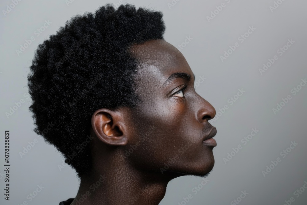Man Side Portrait: African American Man in Casual Attire Staring with Blank Background Man Side Portrait: African American Man in Casual Attire Staring with Blank Background