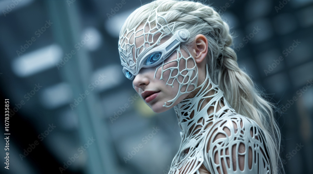 Young Woman portrait with pale Face and futuristic technical prothesis suit with complete visor in white color with long white hair on a blurry underground background Young Woman portrait with pale Face and futuristic technical prothesis suit with complete visor in white color with long white hair on a blurry underground background