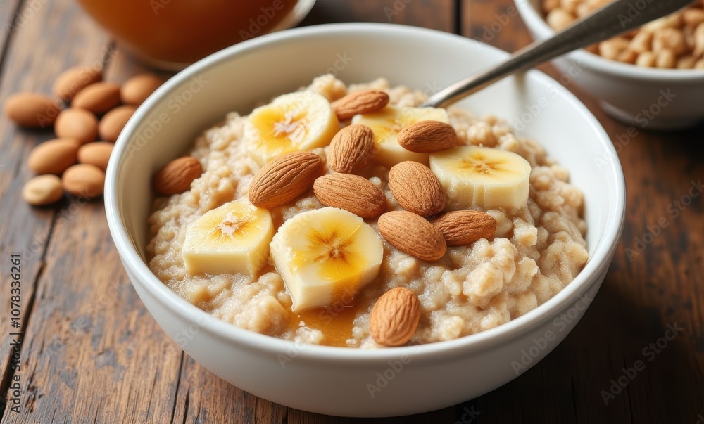 Delicious oatmeal with bananas and almonds Delicious oatmeal with bananas and almonds