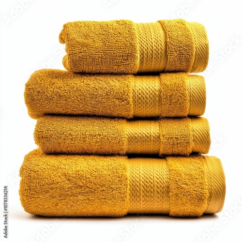 Four golden yellow towels stacked neatly.