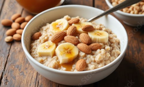 Delicious oatmeal with bananas and almonds