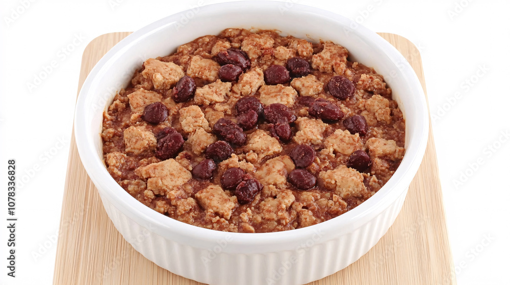 A delicious baked dessert with a crumbly topping and red beans, served in a white dish on a wooden board. A delicious baked dessert with a crumbly topping and red beans, served in a white dish on a wooden board.