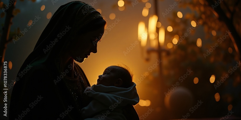 Virgin Mary holding Baby Jesus lovingly, Christmas biblical cinematic scene. Virgin Mary holding Baby Jesus lovingly, Christmas biblical cinematic scene.