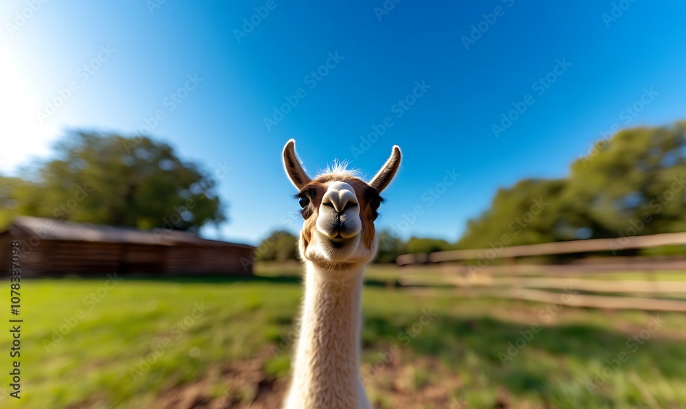 Obraz premium A close-up portrait of a llama looking directly at the camera with a curious expression.