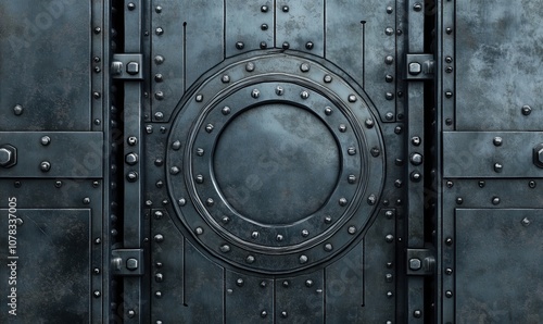 Metal door with circular design and rivets, industrial style, textured surface