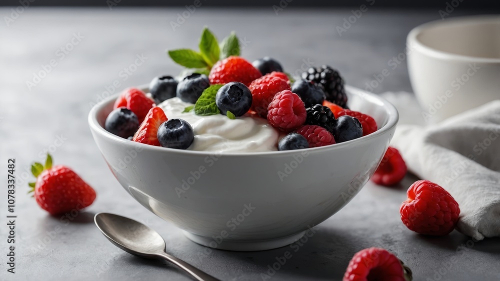 Elegant dinner setting with fresh berries and yogurt Elegant dinner setting with fresh berries and yogurt